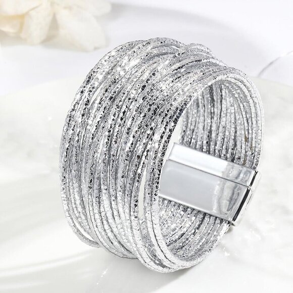 Women, Boho Leather Wrap Multi-Layer Pearl Crystal Bracelet Bangle Jewelry - Picture 6 of 7